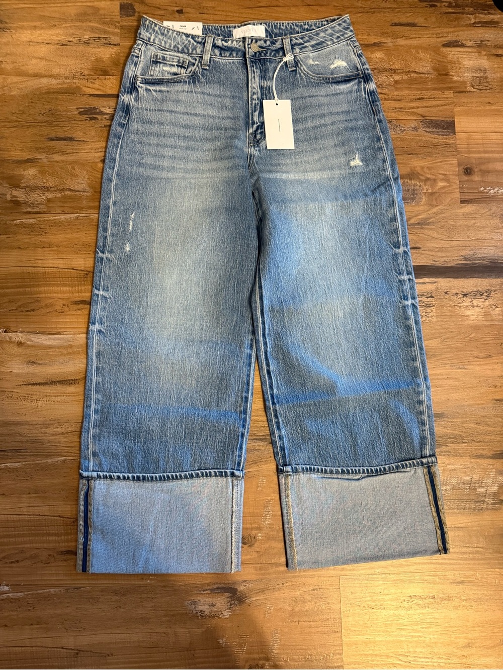 Vervet Women’s High-Rise Wide Leg Cuff Hem Jeans - Light Blue Wash Olivia